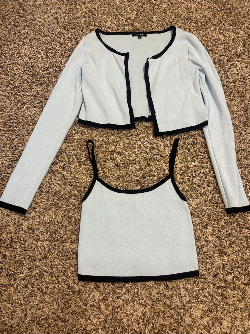 Papermoon Light Blue Cropped Cardigan and Tank Top with Black Trim